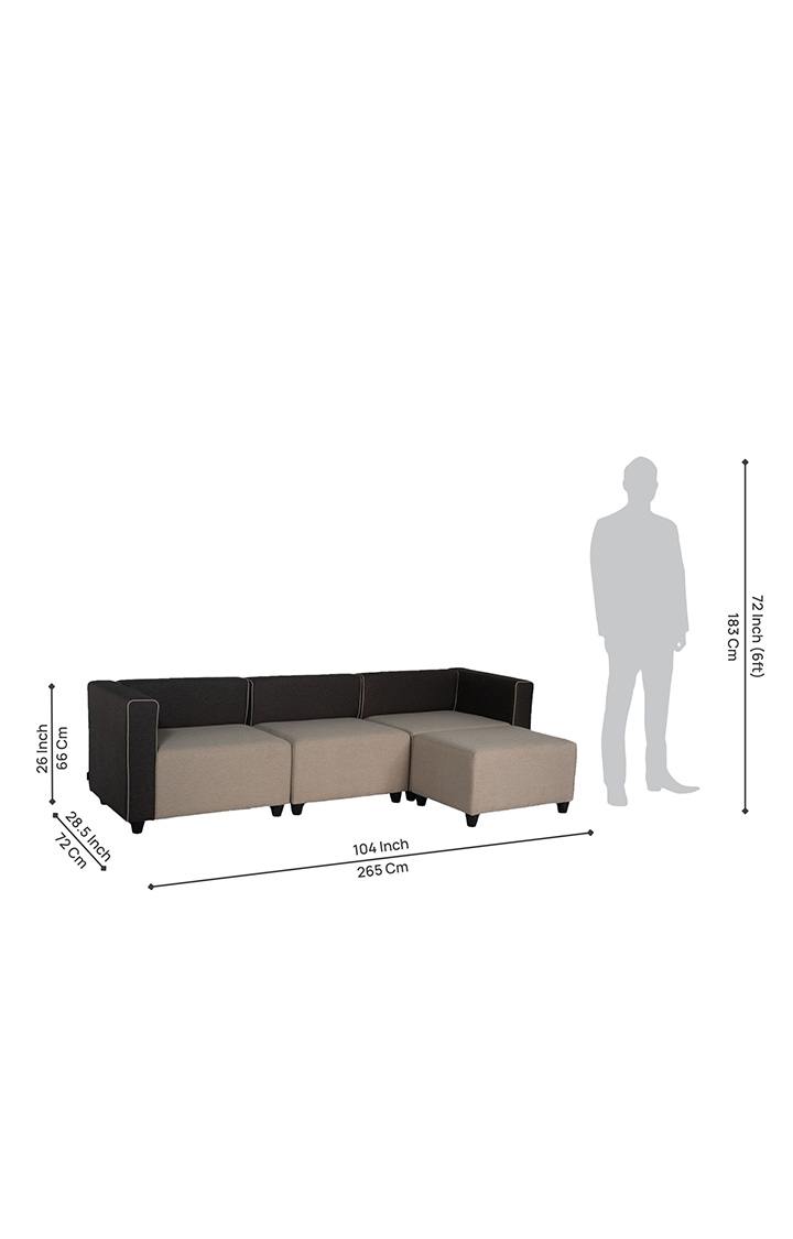 neudot Margot Fabric 3 Seater Sofa with Ottoman |Finish Color - Beige & Dark Brown|Ottoman Sofa for Living Room | Premium Fabric Sofa|3 Seater Sofa |Padded Cushioned Armrest |