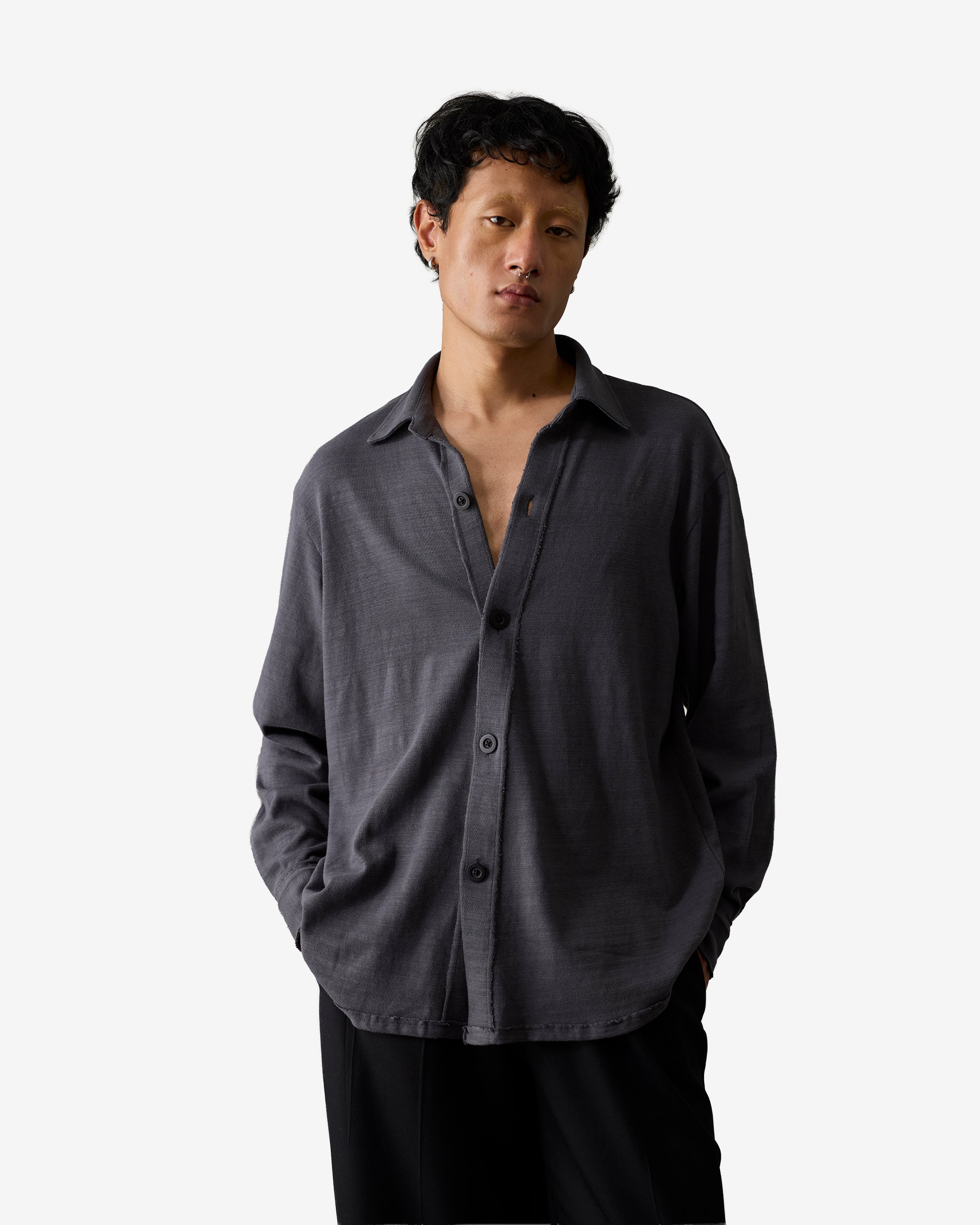 Grey Rough Edged Button Up Knit - Men