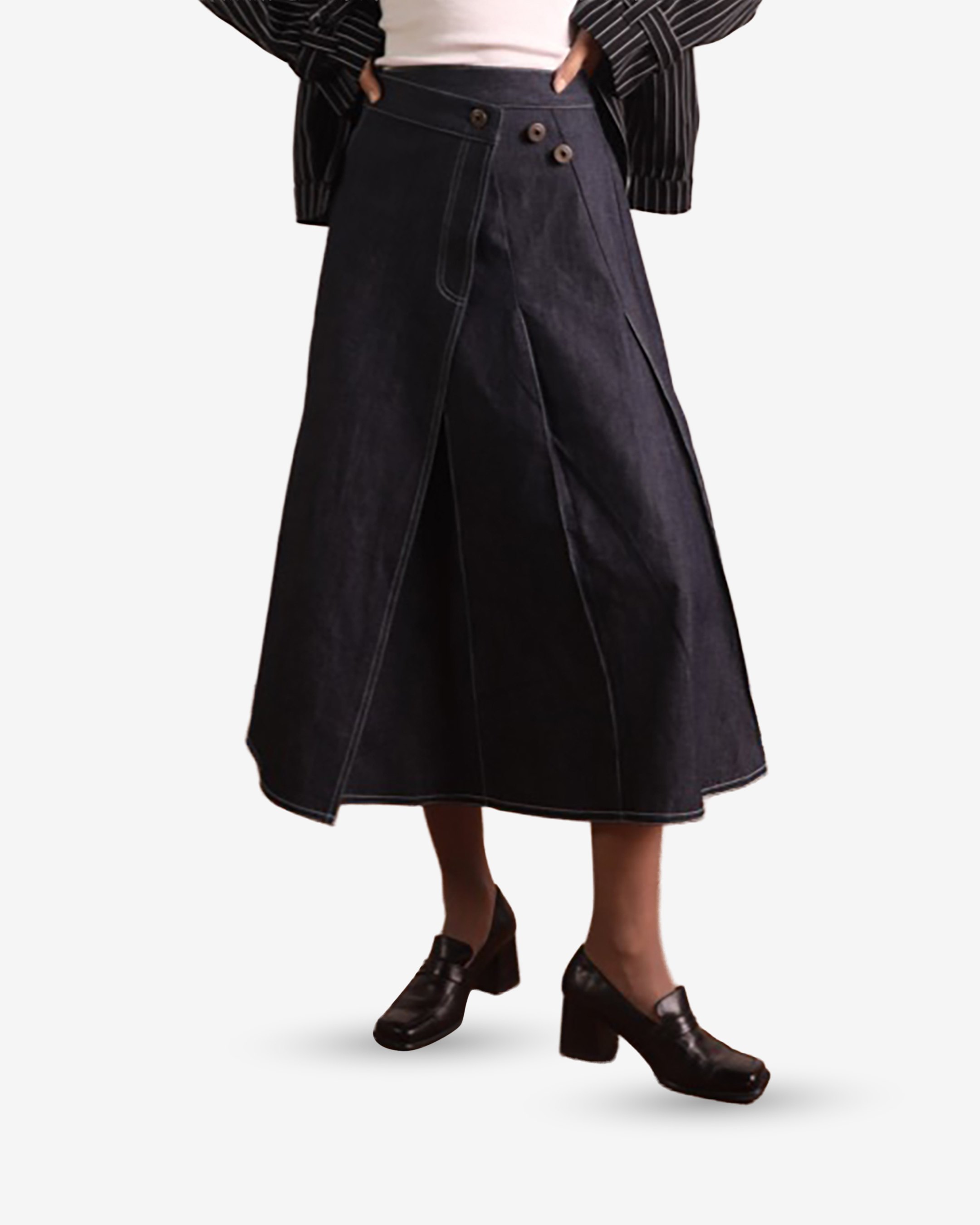 Pleated Wraparound Denim Skirt-1