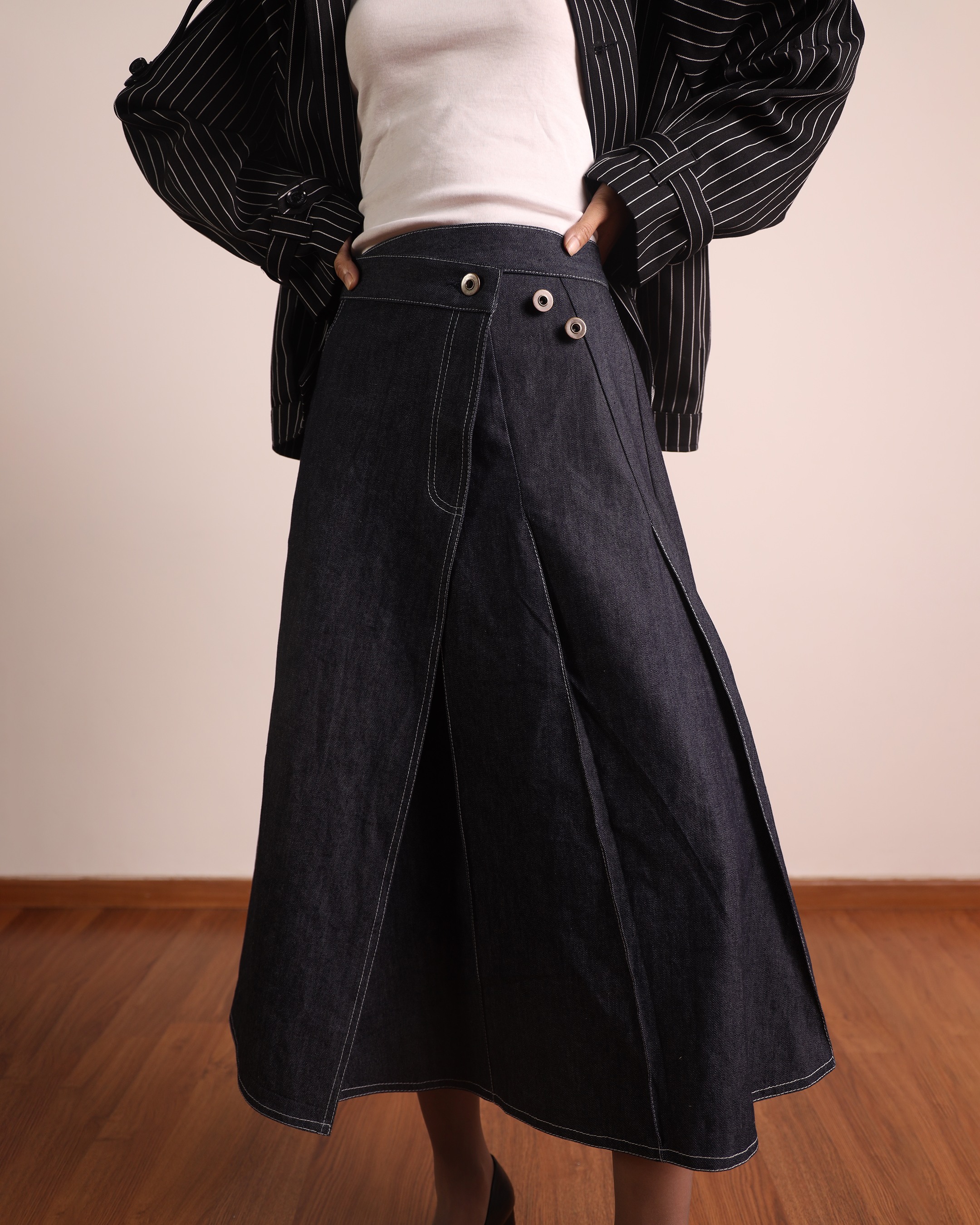 Pleated Wraparound Denim Skirt-1