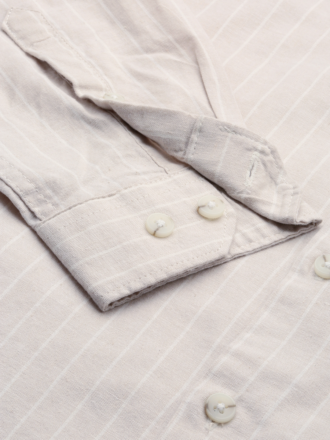 SHOWOFF Men's Spread Collar Long Sleeves Striped Beige Shirt