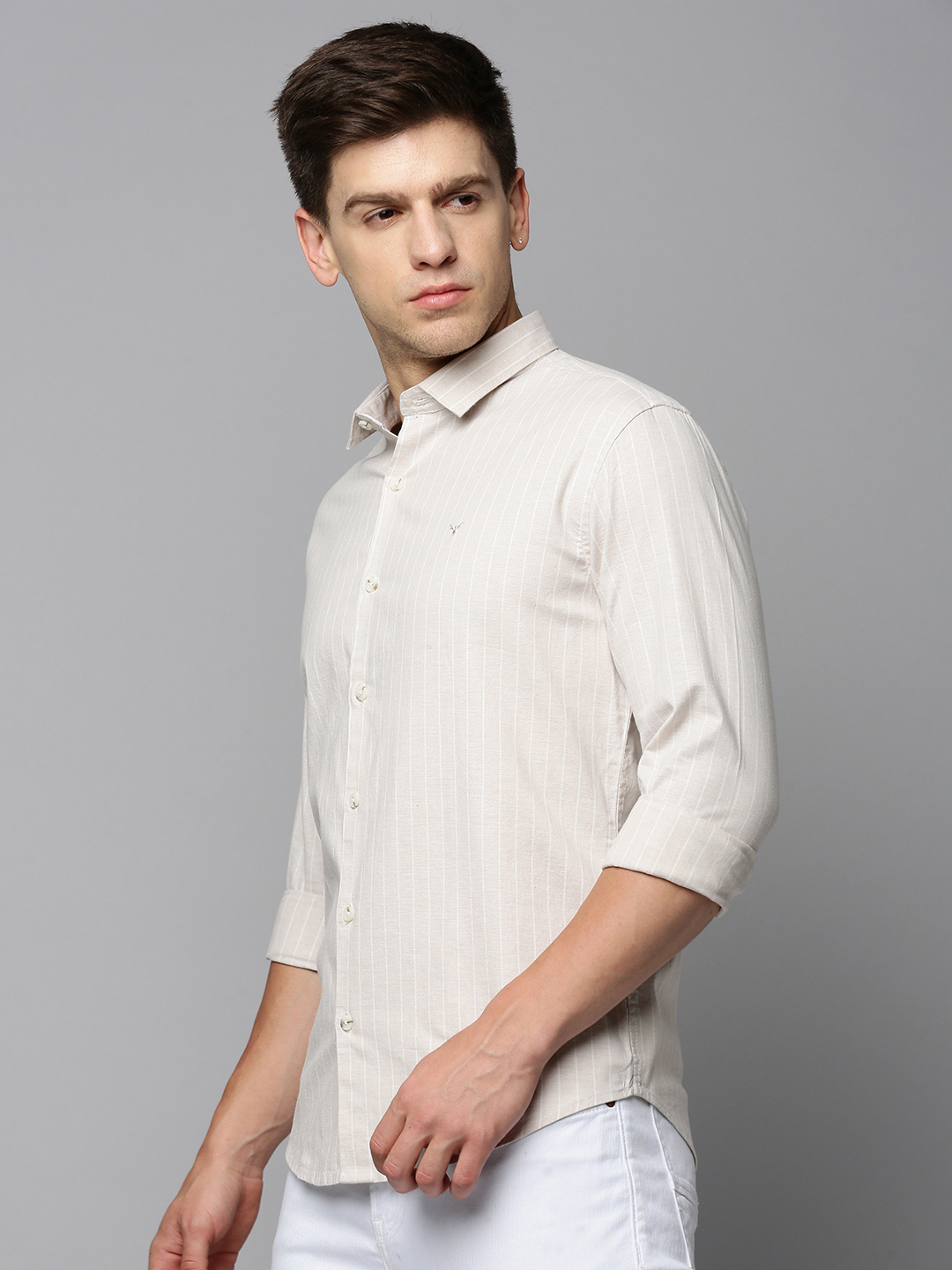 SHOWOFF Men's Spread Collar Long Sleeves Striped Beige Shirt