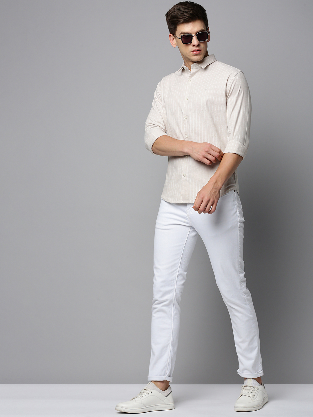 SHOWOFF Men's Spread Collar Long Sleeves Striped Beige Shirt