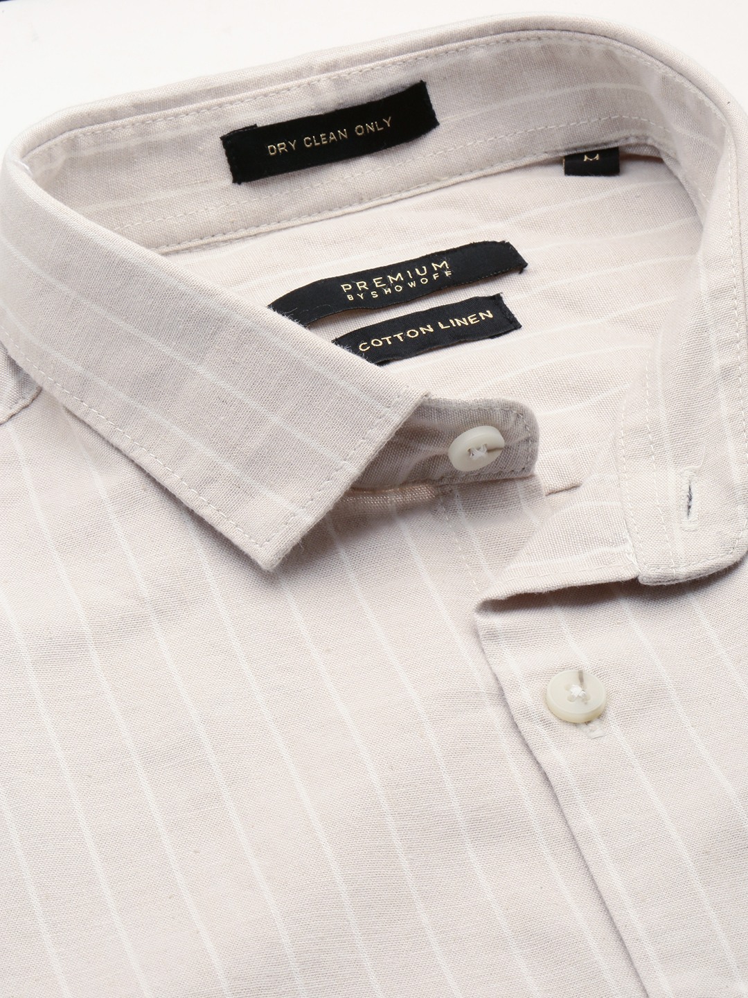 SHOWOFF Men's Spread Collar Long Sleeves Striped Beige Shirt