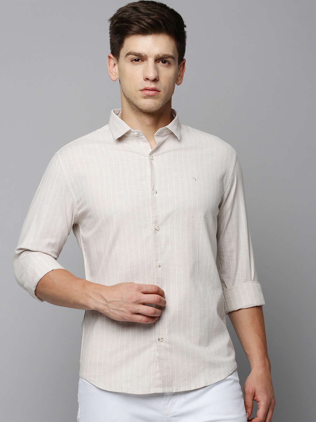 SHOWOFF Men's Spread Collar Long Sleeves Striped Beige Shirt