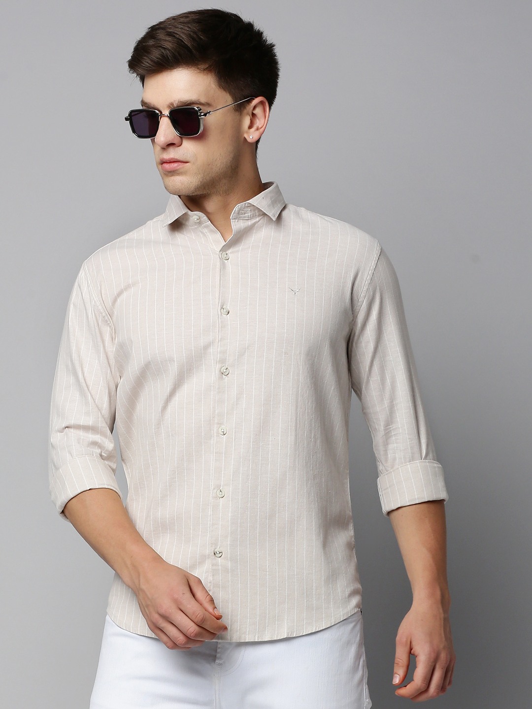 SHOWOFF Men's Spread Collar Long Sleeves Striped Beige Shirt