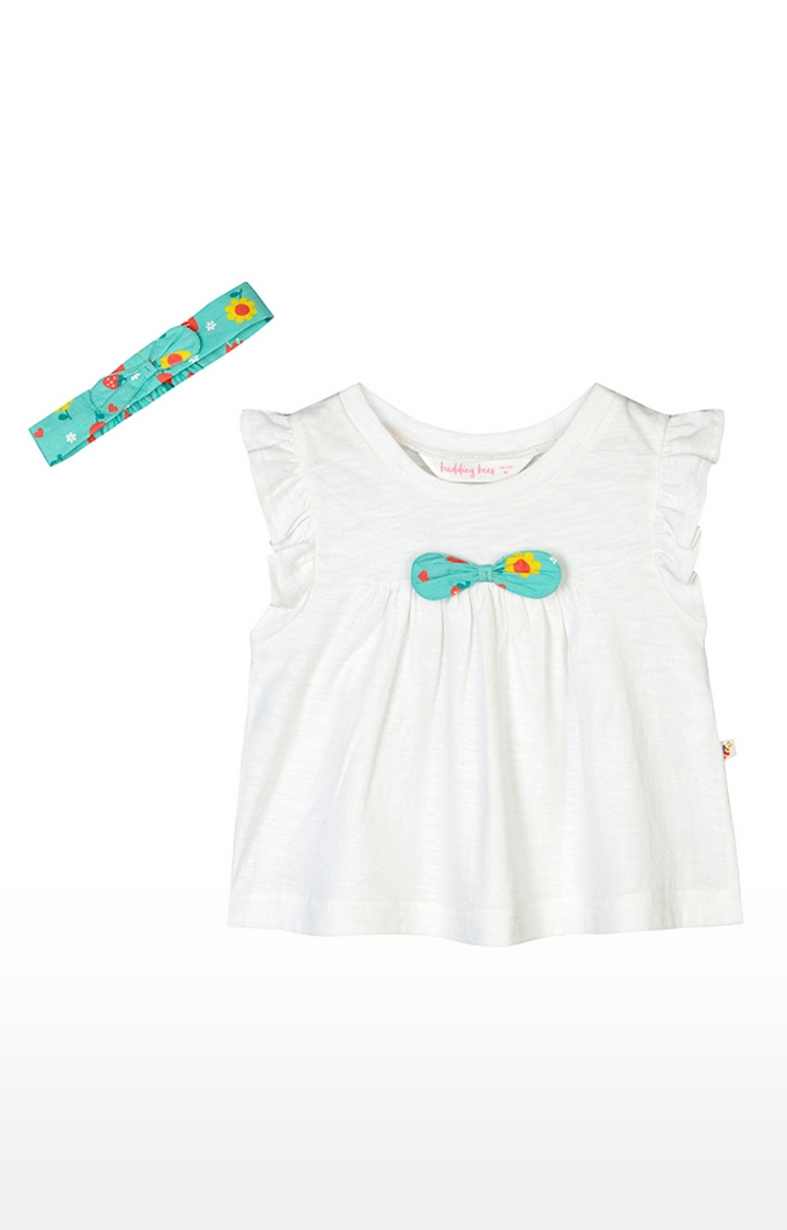 Budding Bees | Budding Bees White Top-Short Set With Hairband 2
