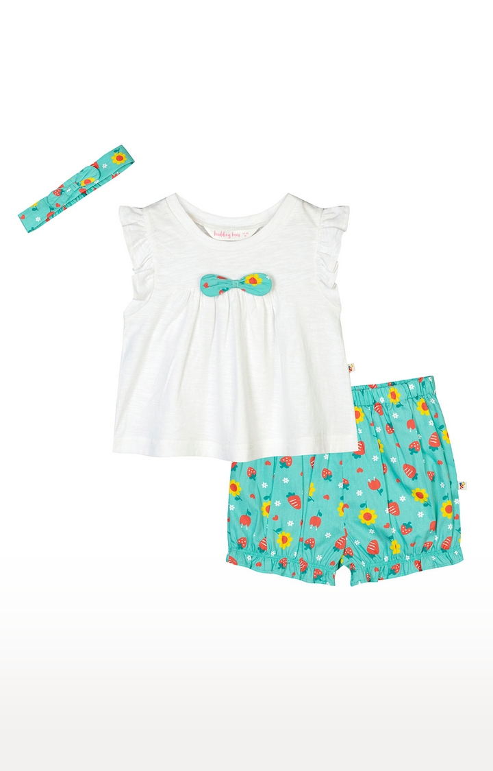Budding Bees | Budding Bees White Top-Short Set With Hairband 0