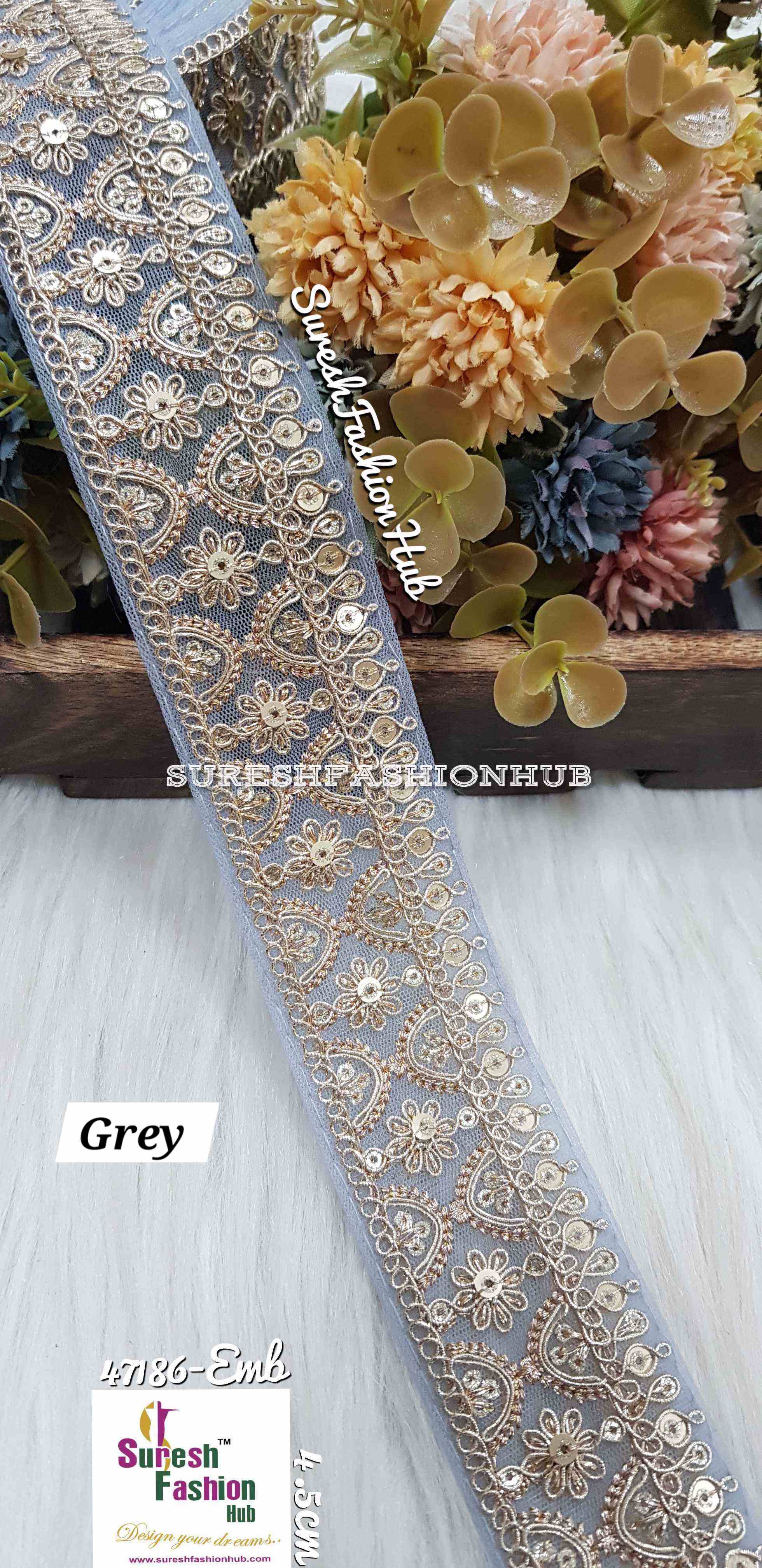 Grey Floral Pearl Embroidery Lace