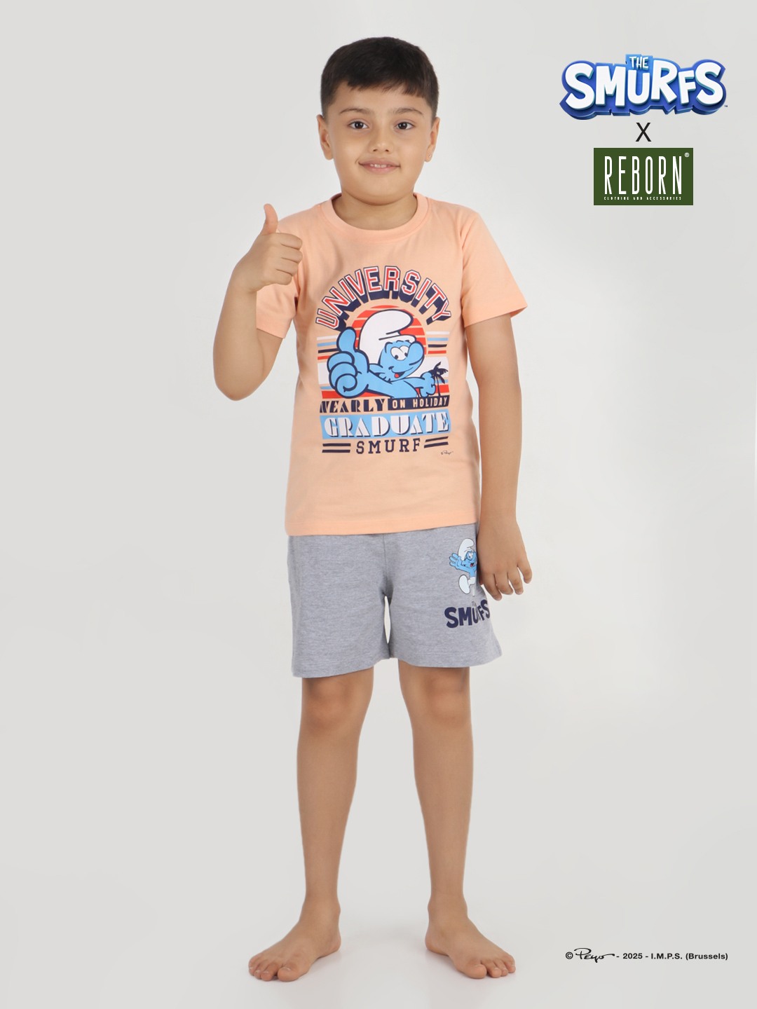 Boys 2 piece T-Shirt & Short set- Peach & Grey