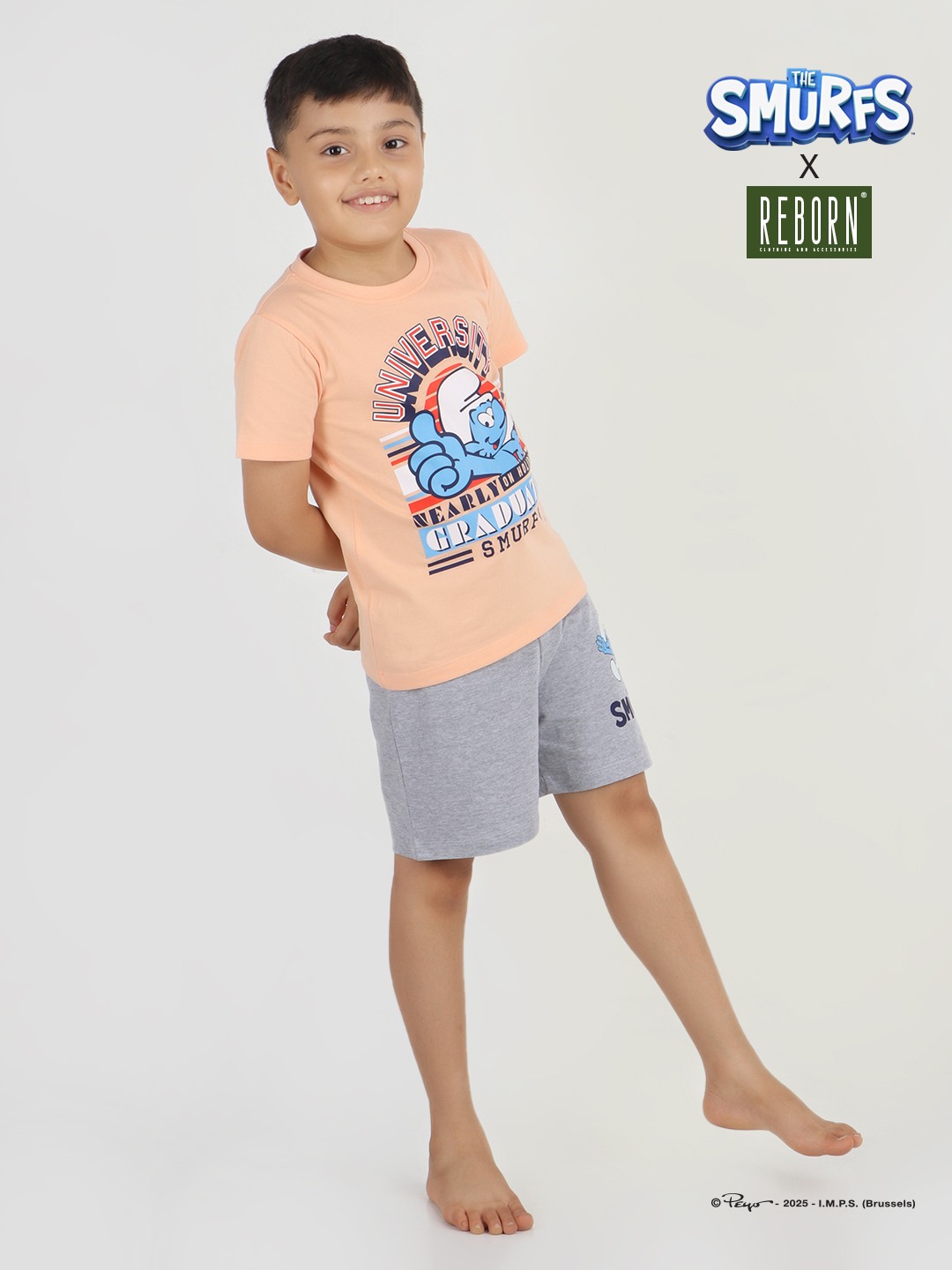 Boys 2 piece T-Shirt & Short set- Peach & Grey