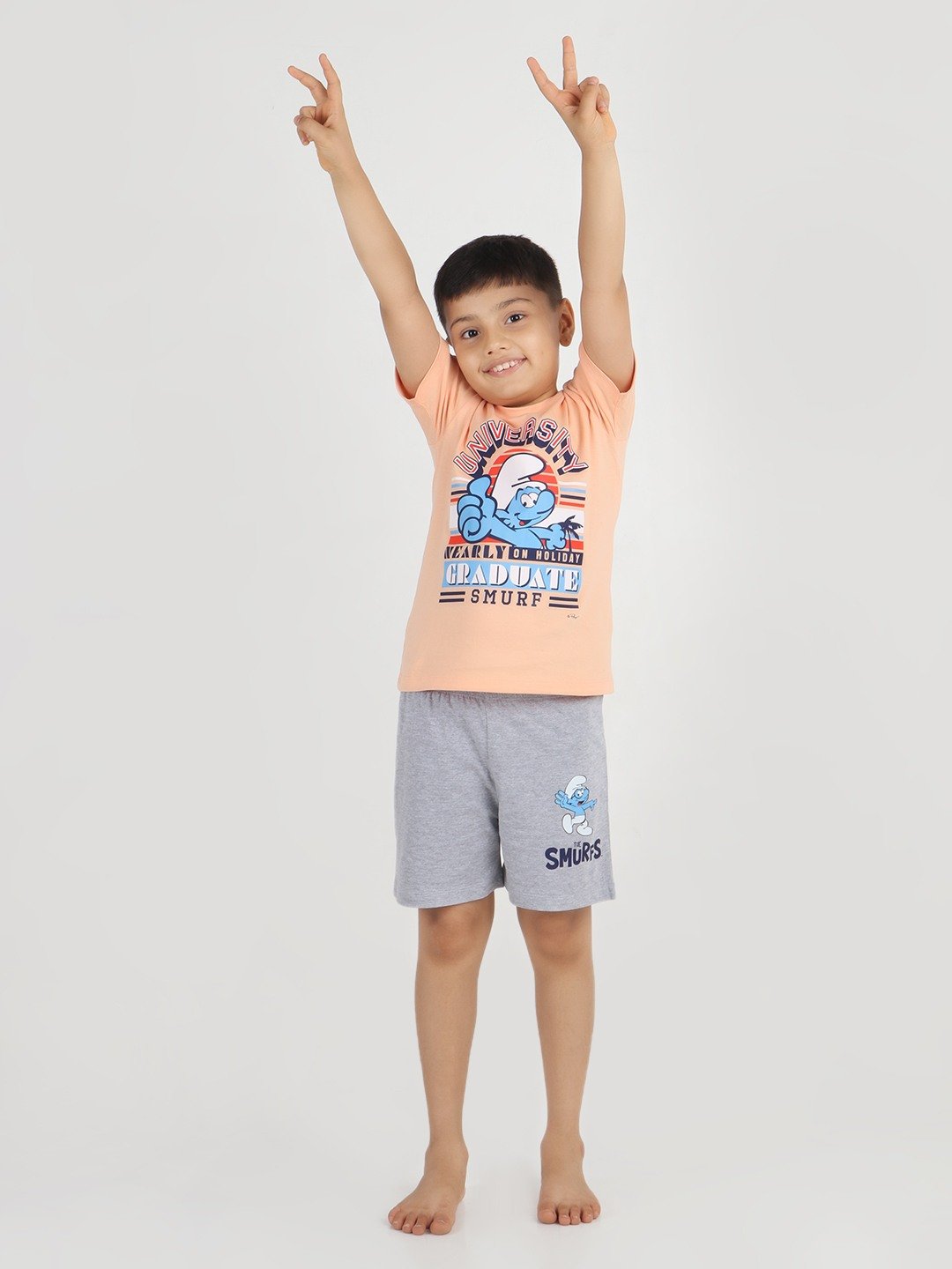 Boys 2 piece T-Shirt & Short set- Peach & Grey