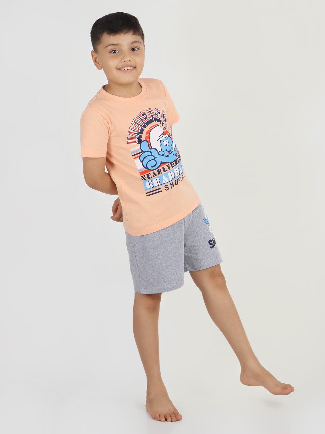 Boys 2 piece T-Shirt & Short set- Peach & Grey
