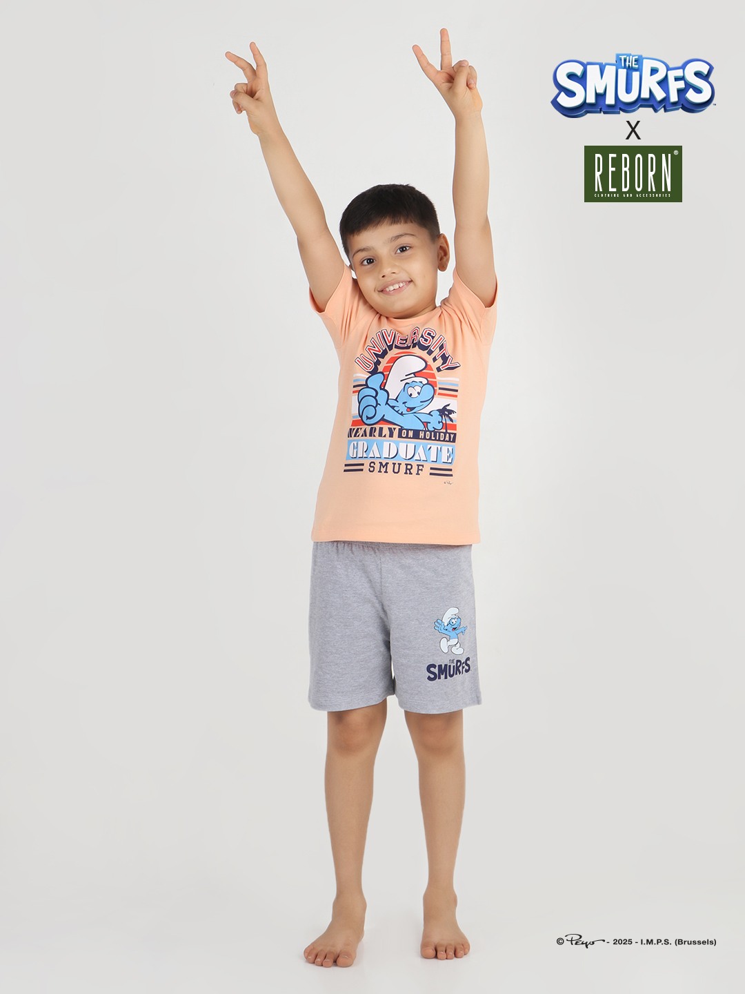 Boys 2 piece T-Shirt & Short set- Peach & Grey