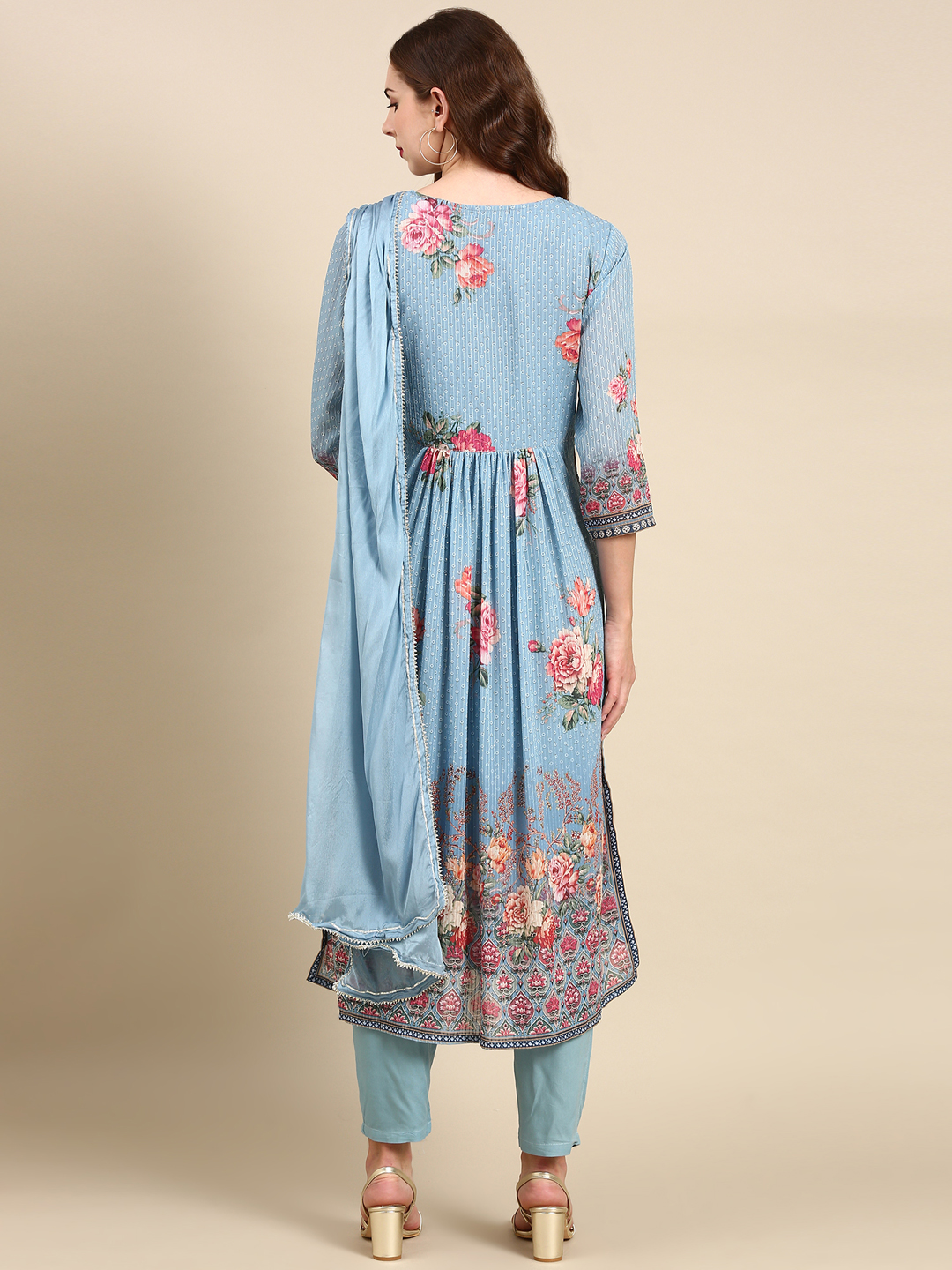 SHOWOFF Women's Round Neck Mid Length Floral Blue Straight Kurta Set