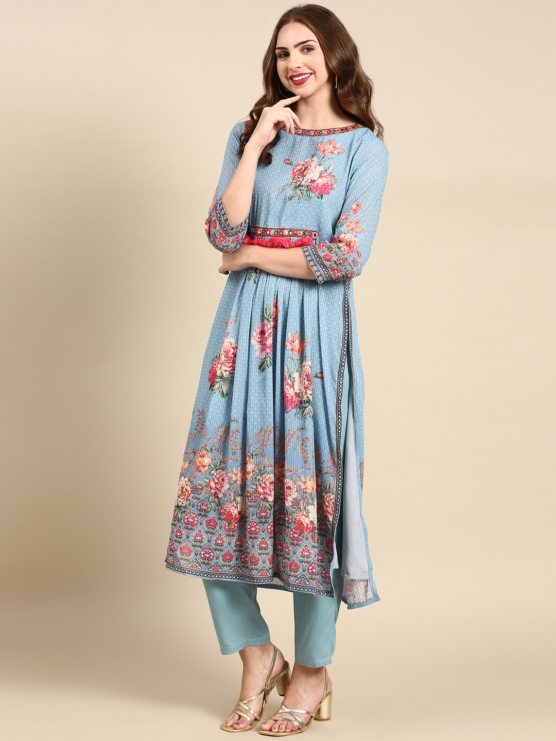 SHOWOFF Women's Round Neck Mid Length Floral Blue Straight Kurta Set