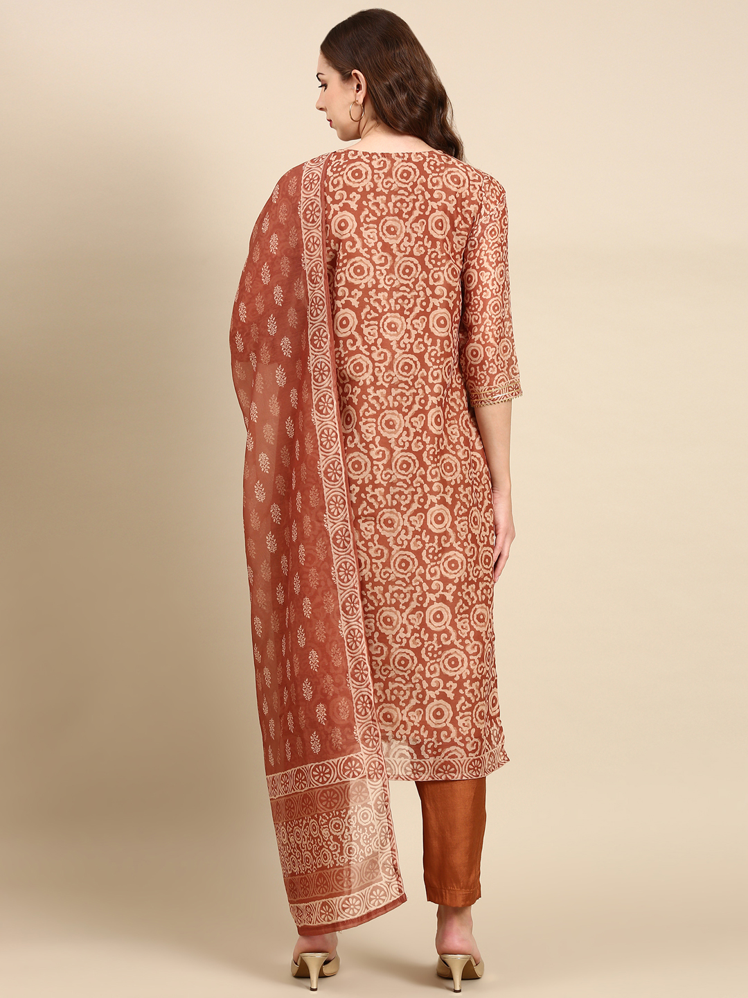 SHOWOFF Women's Round Neck Mid Length Ethnic Motifs Brown Straight Kurta Set