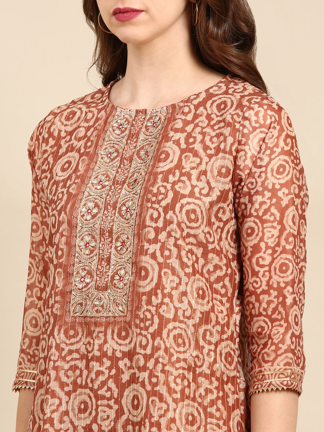 SHOWOFF Women's Round Neck Mid Length Ethnic Motifs Brown Straight Kurta Set