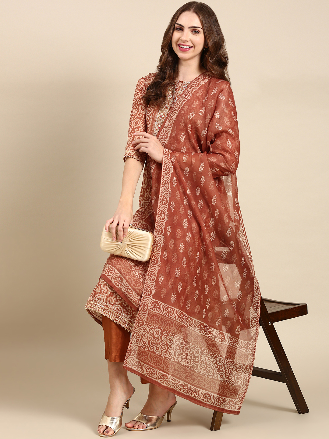 SHOWOFF Women's Round Neck Mid Length Ethnic Motifs Brown Straight Kurta Set
