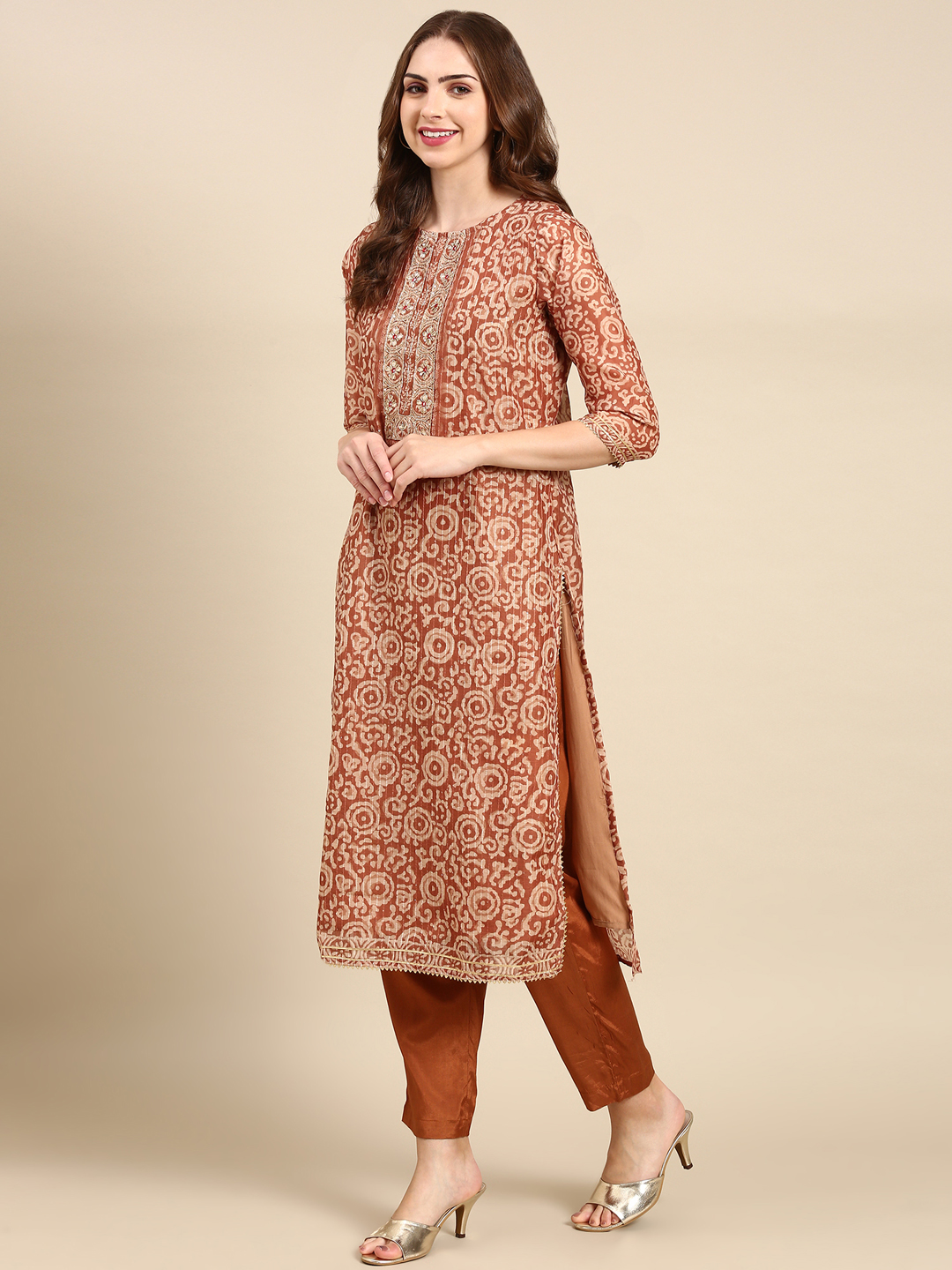 SHOWOFF Women's Round Neck Mid Length Ethnic Motifs Brown Straight Kurta Set