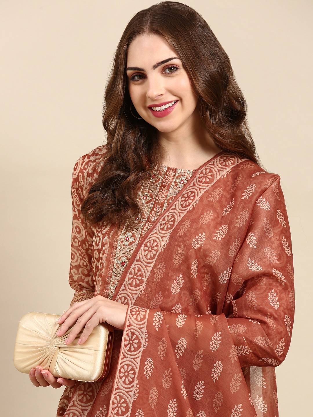 SHOWOFF Women's Round Neck Mid Length Ethnic Motifs Brown Straight Kurta Set
