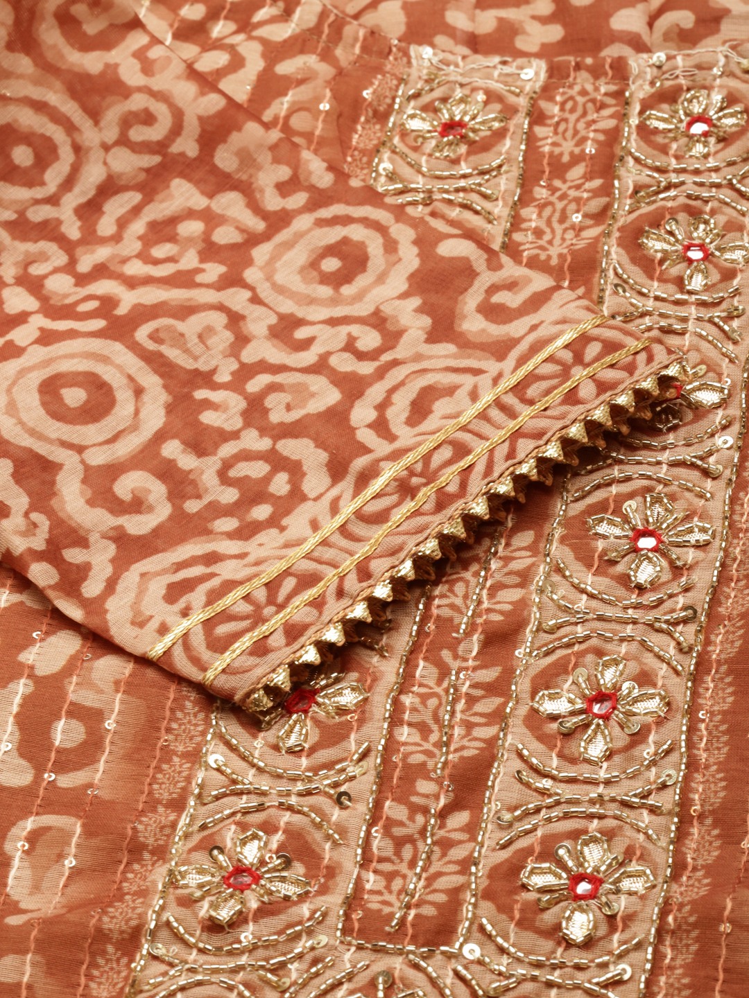 SHOWOFF Women's Round Neck Mid Length Ethnic Motifs Brown Straight Kurta Set