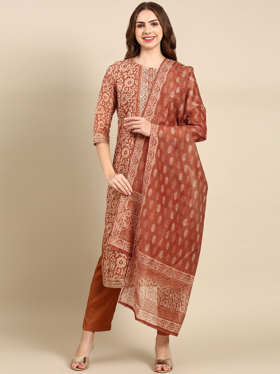 SHOWOFF Women's Round Neck Mid Length Ethnic Motifs Brown Straight Kurta Set