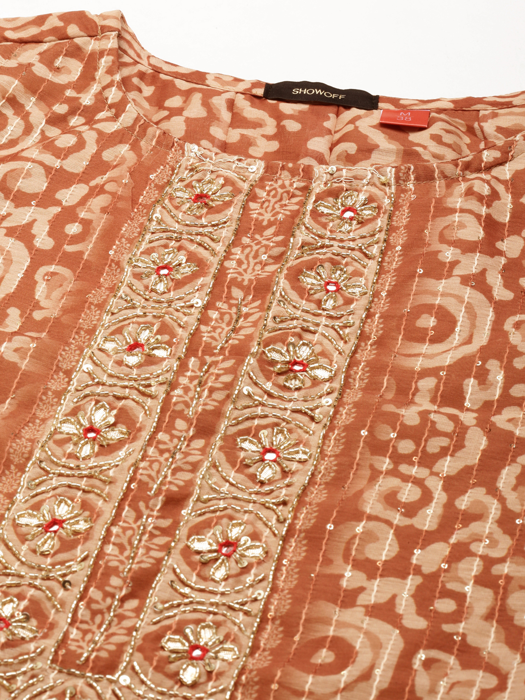 SHOWOFF Women's Round Neck Mid Length Ethnic Motifs Brown Straight Kurta Set