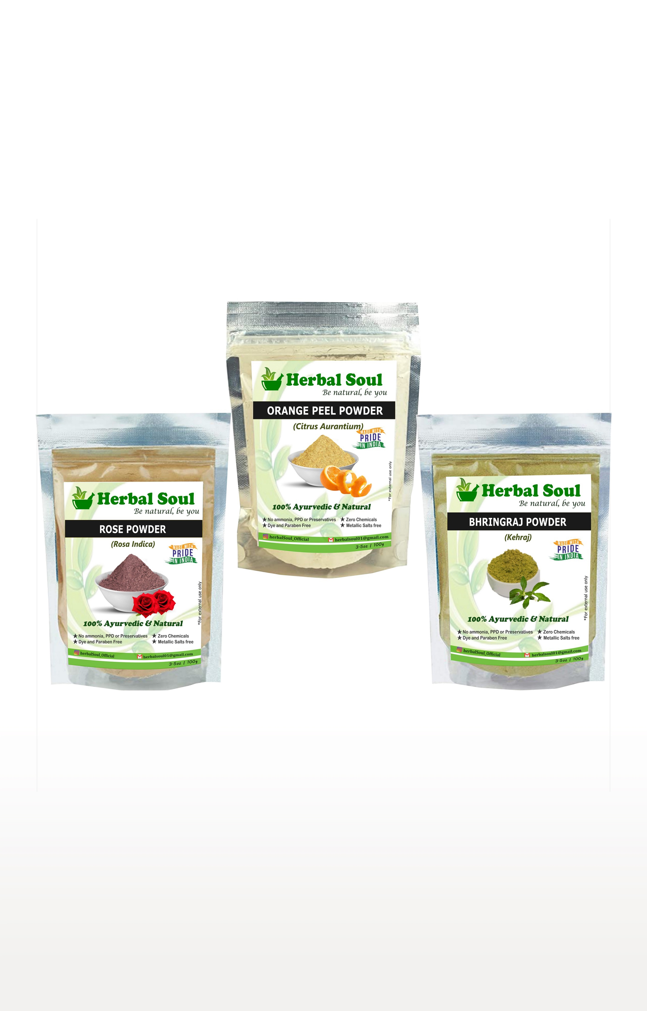 Herbal Soul | Herbal Soul Combo Of Rose Powder + Orange Peel  Powder + Bhringraj  Powder | 300 gm 0