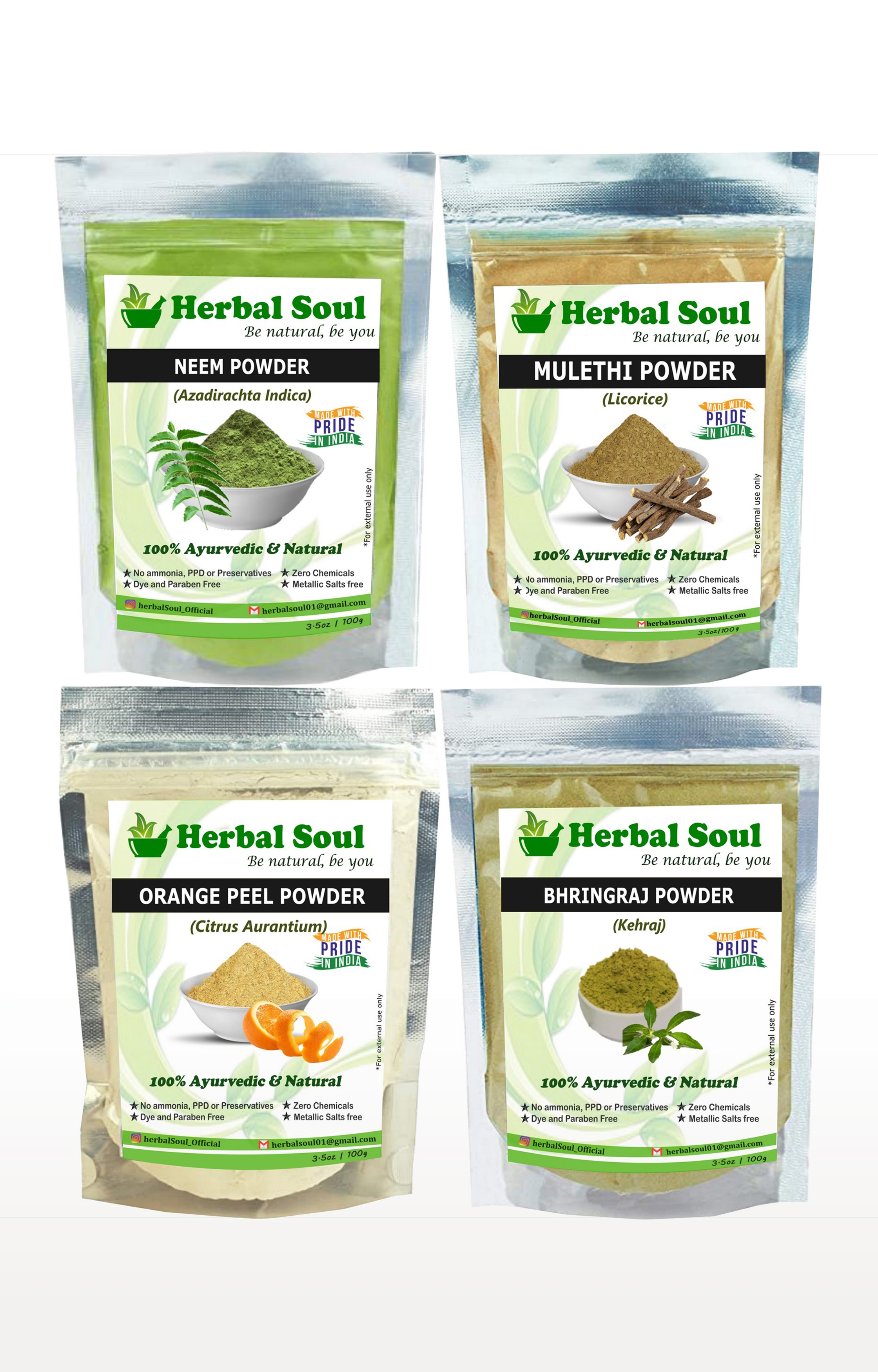 Herbal Soul | Herbal Soul Combo Of Neem  Powder + Orange Peel  Powder + Mulethi  Powder + Bhringraj  Powder | 400 gm 0