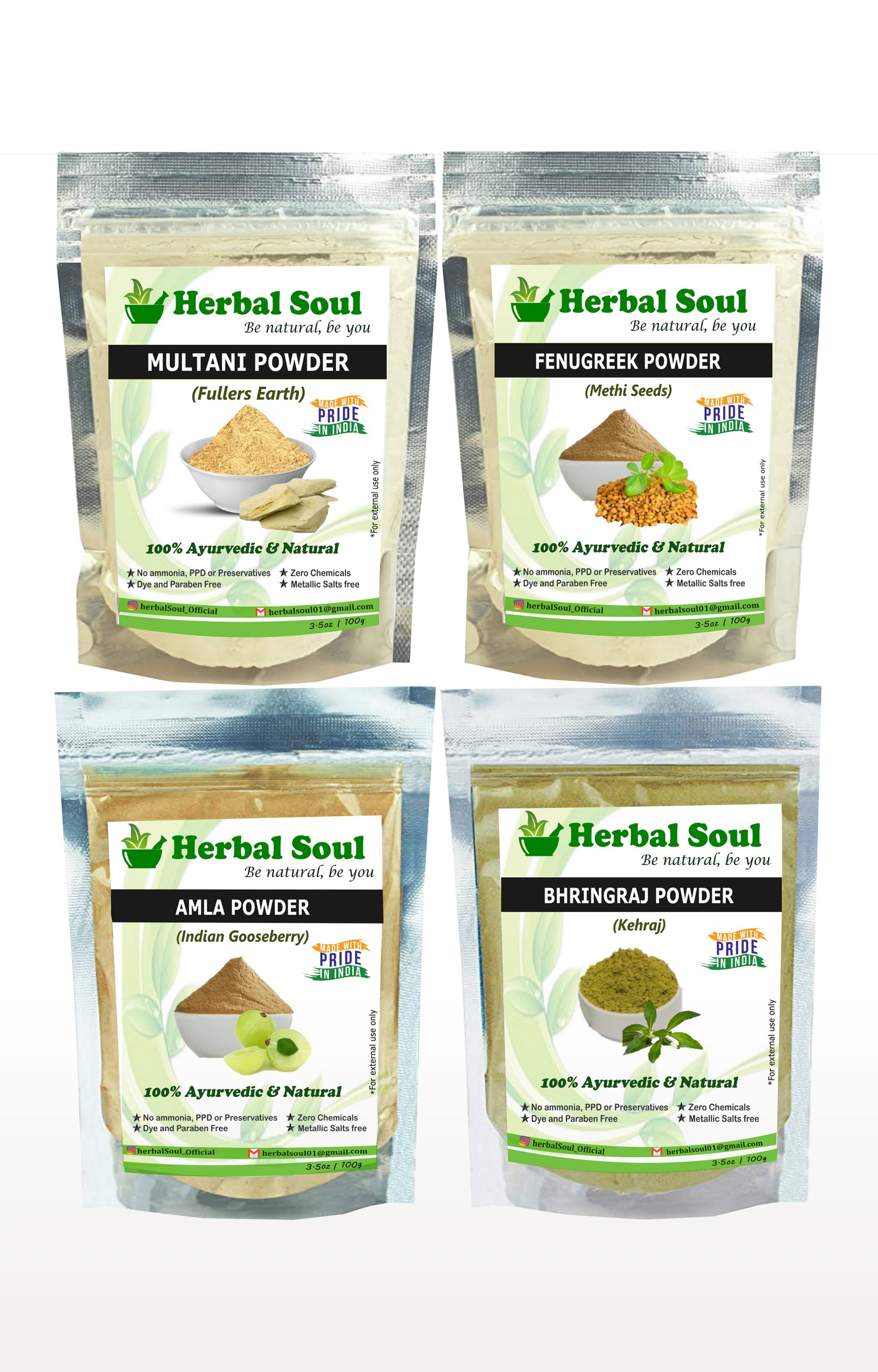 Herbal Soul | Herbal Soul Combo Of Multani  Powder + Bhringraj  Powder + Amla  Powder + Fenugreek  Powder | 400 gm 0