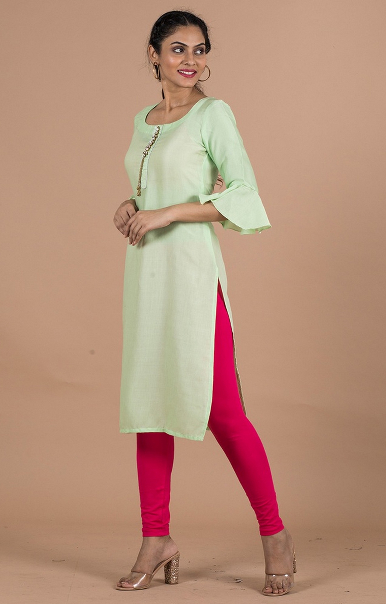 becoming | Becoming Women’S Front Brooch Ruffle Sleeves Straight Kurti 3