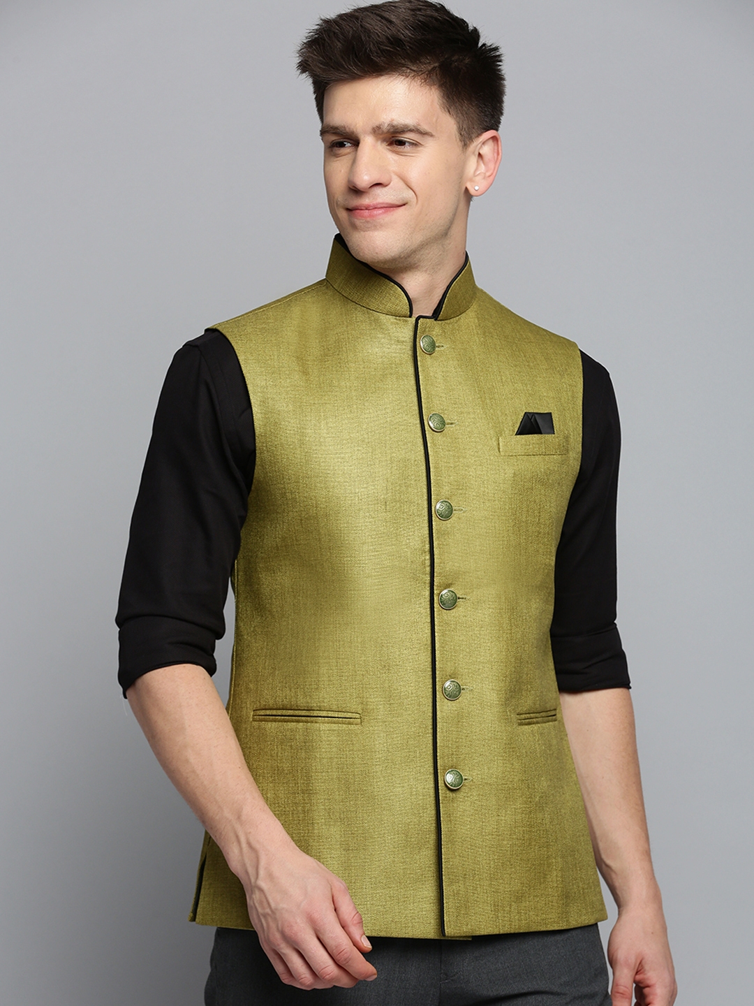 Showoff | SHOWOFF Men's Solid Olive Ethnic Nehru Jacket 1