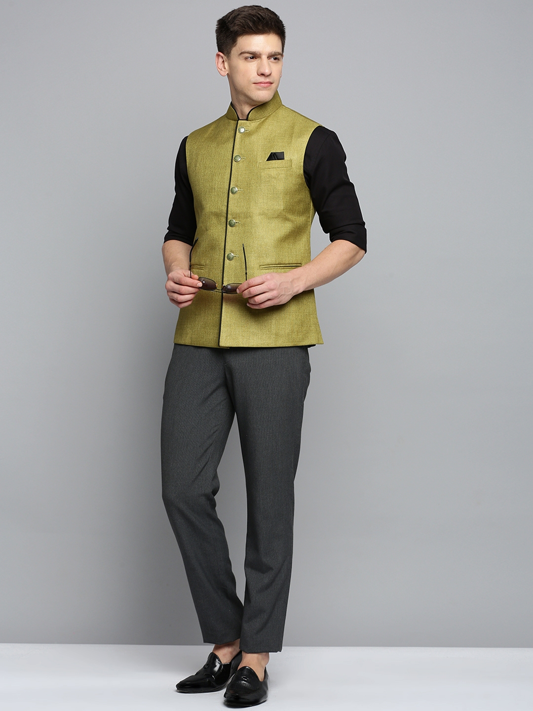 Showoff | SHOWOFF Men's Solid Olive Ethnic Nehru Jacket 4