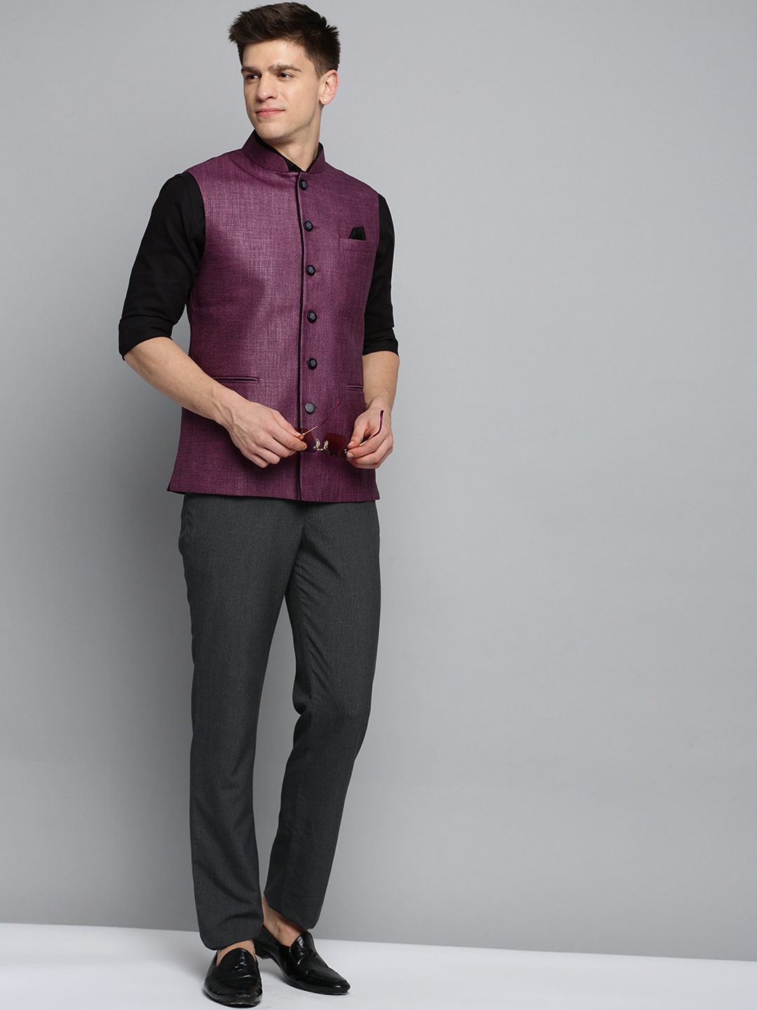Showoff | SHOWOFF Men's Solid Purple Ethnic Nehru Jacket 4