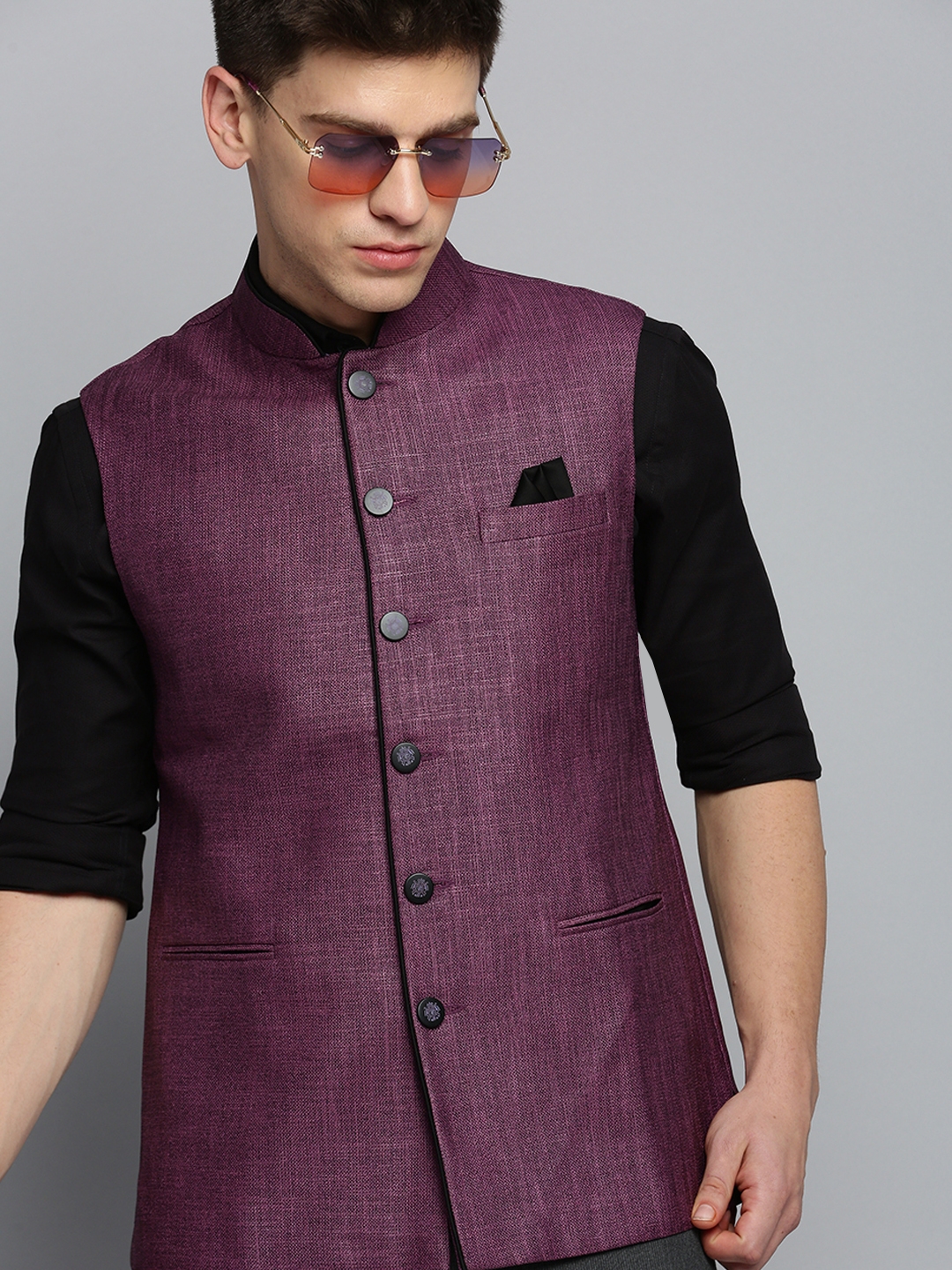Showoff | SHOWOFF Men's Solid Purple Ethnic Nehru Jacket 0