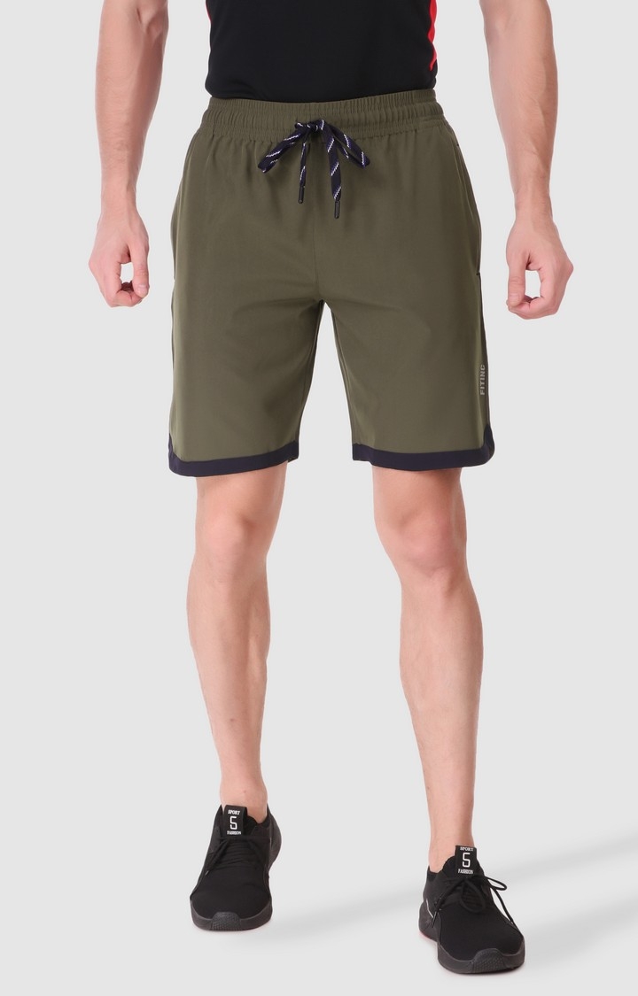 Fitinc | Men's Olive Green Polyester Solid Activewear Shorts