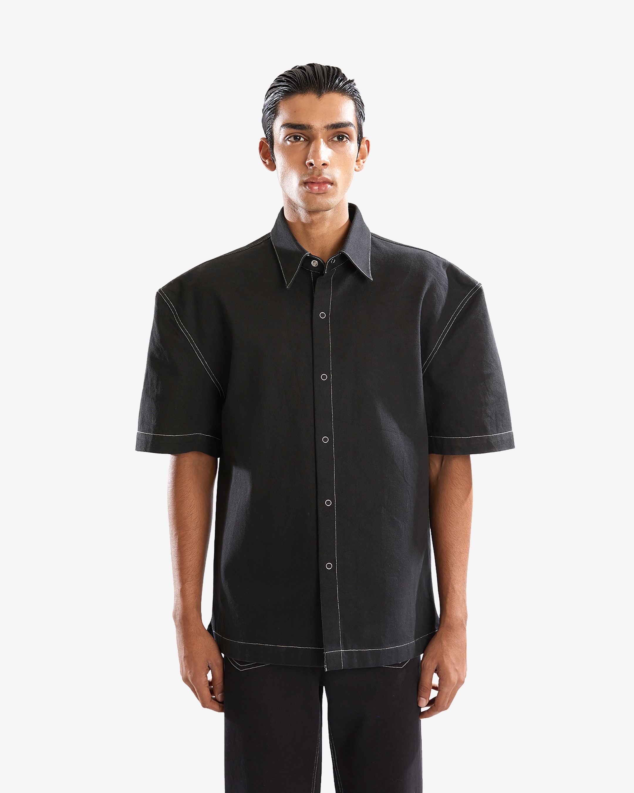 Black Denim Powershoulder Shirt