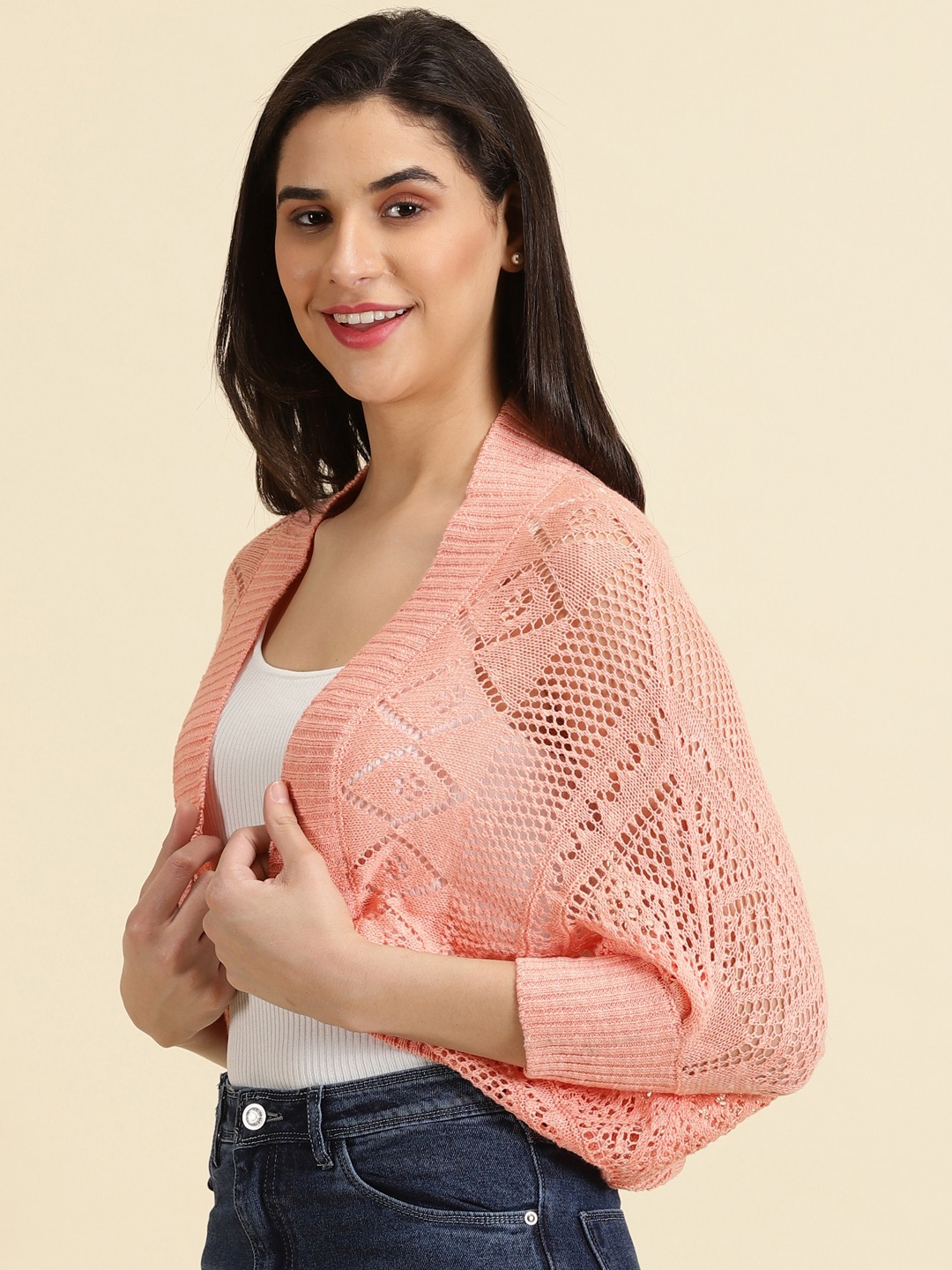 SHOWOFF Women's Regular Self Design Peach Shrug