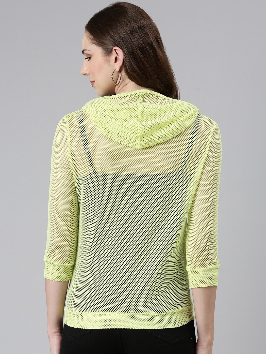 SHOWOFF Women's Regular Solid Hooded Open Front Fluorescent Green Jacket
