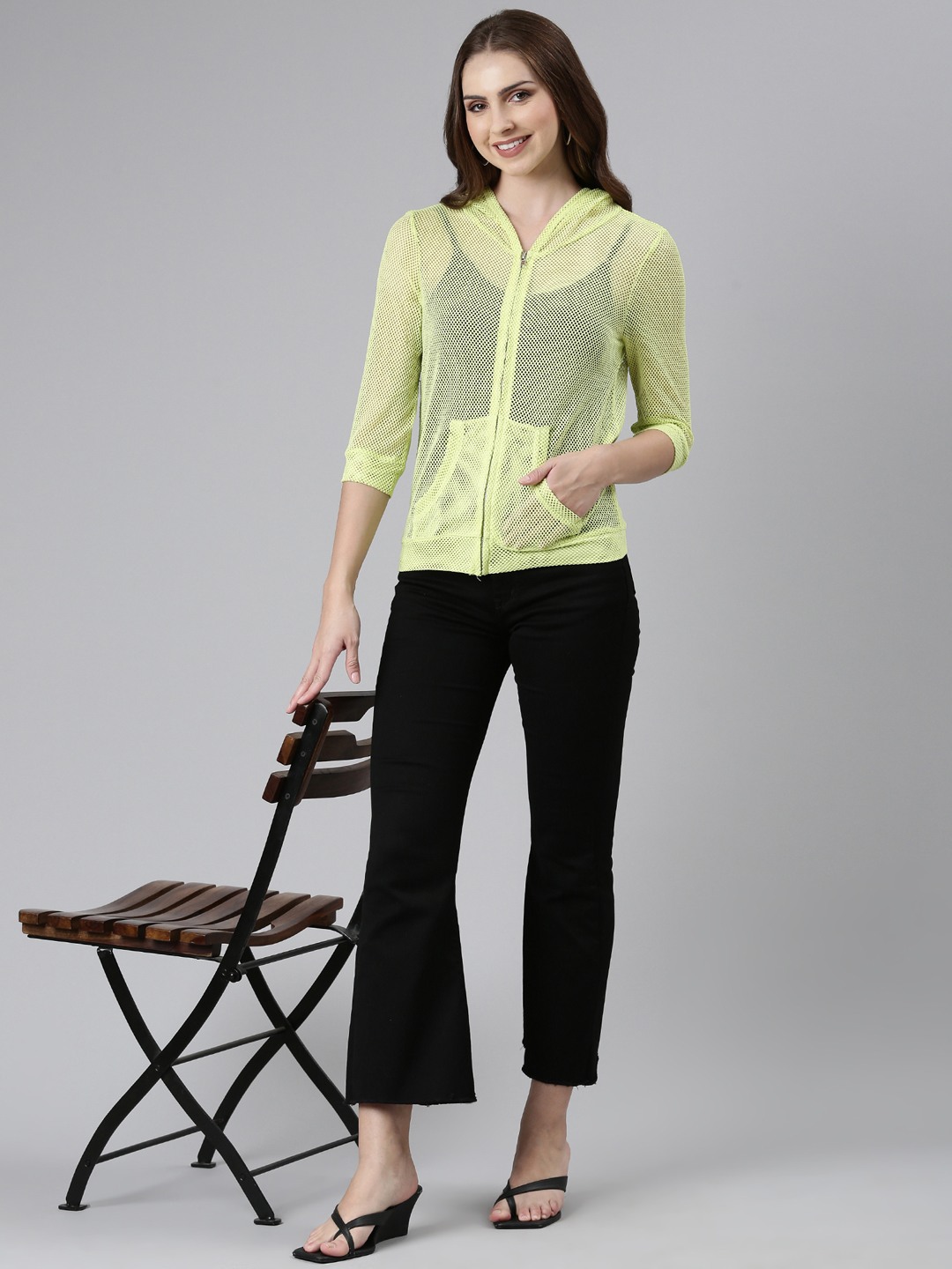 SHOWOFF Women's Regular Solid Hooded Open Front Fluorescent Green Jacket