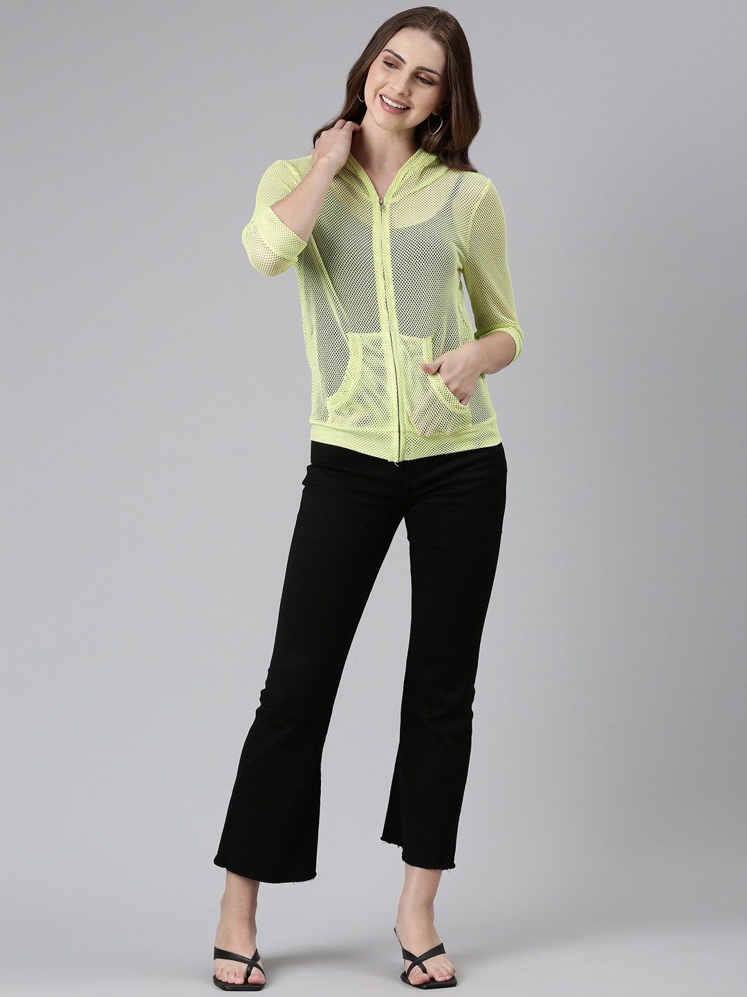 SHOWOFF Women's Regular Solid Hooded Open Front Fluorescent Green Jacket