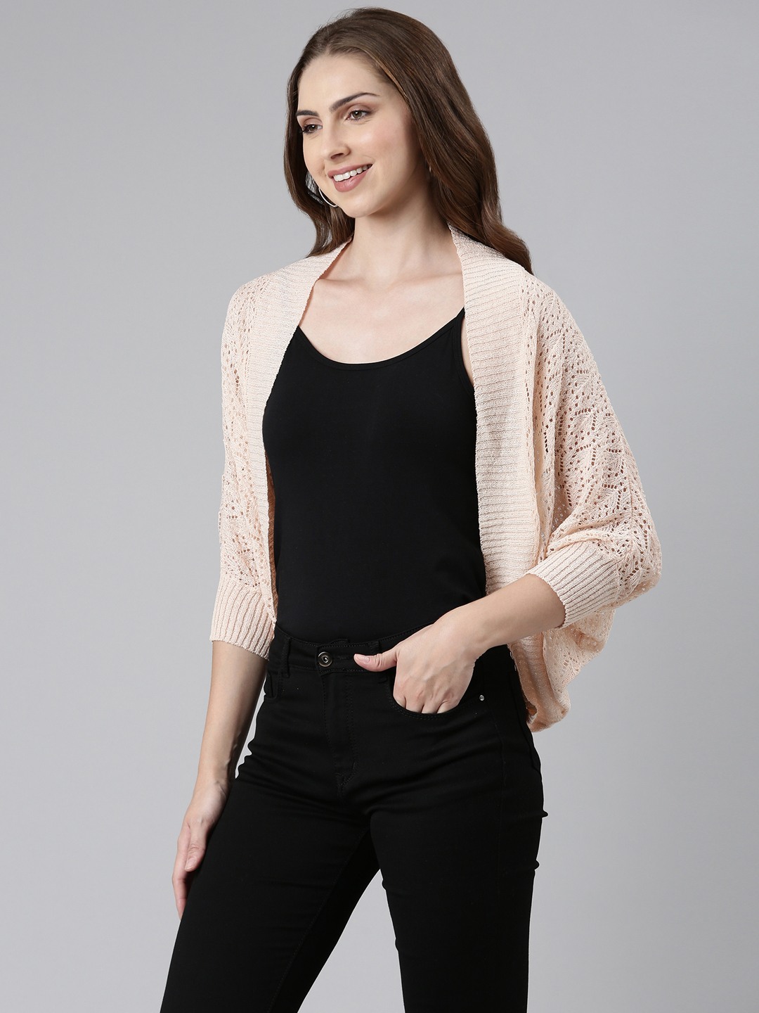 SHOWOFF Women s Self Design Three Quarter Sleeves Regular Lapel