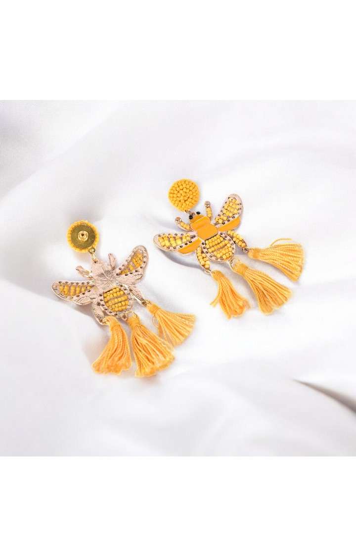 Yellow Beaded Bee Earrings with Tassel Accents â€“ Statement Jewelry for a Bold Look