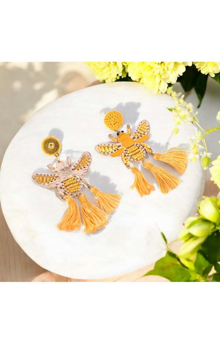Yellow Beaded Bee Earrings with Tassel Accents â€“ Statement Jewelry for a Bold Look