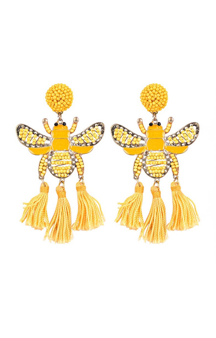 Yellow Beaded Bee Earrings with Tassel Accents â€“ Statement Jewelry for a Bold Look