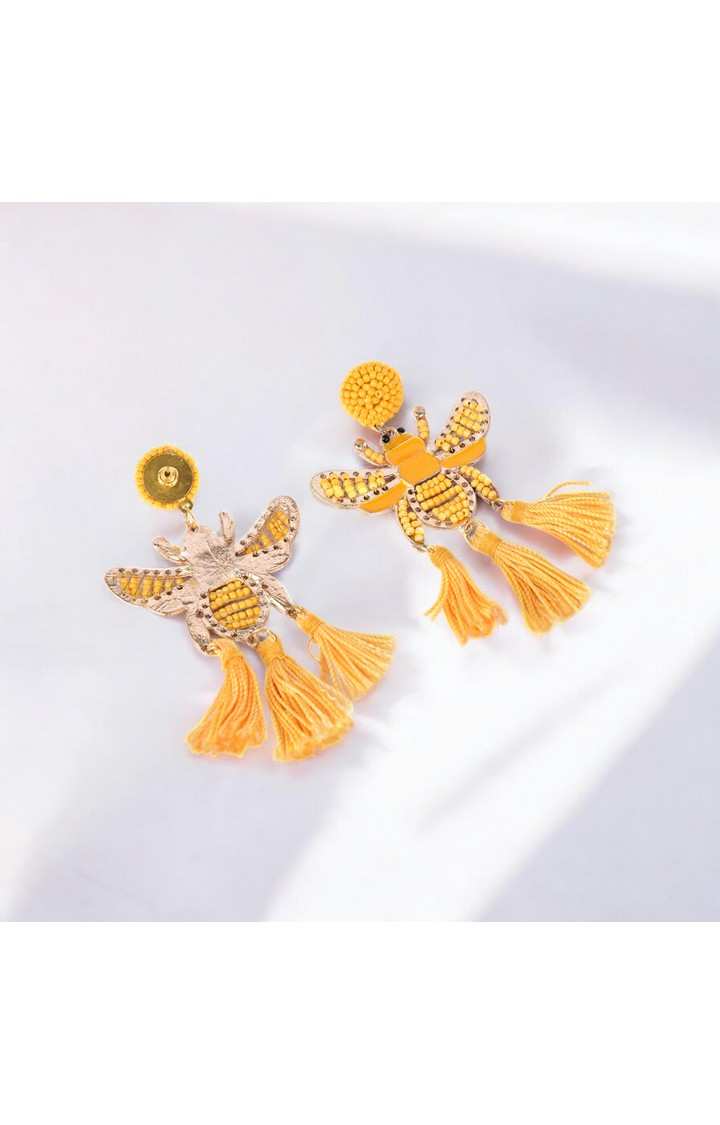 Yellow Beaded Bee Earrings with Tassel Accents â€“ Statement Jewelry for a Bold Look