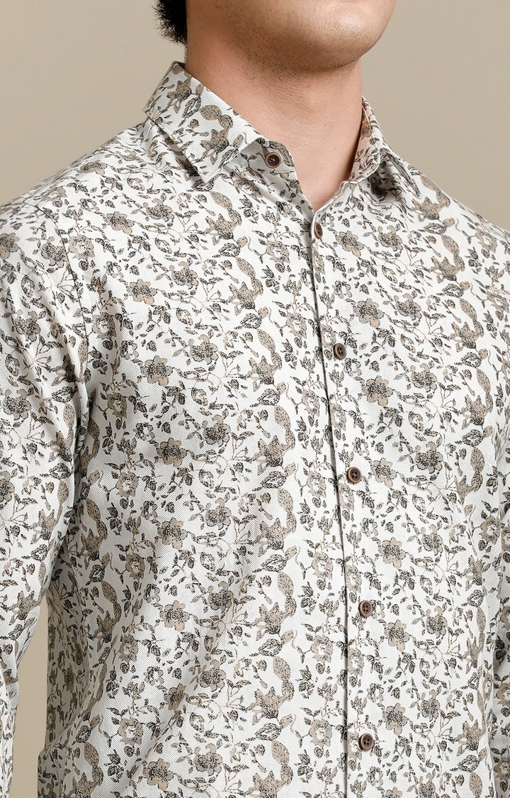 Men's White Cotton Floral Casual Shirt