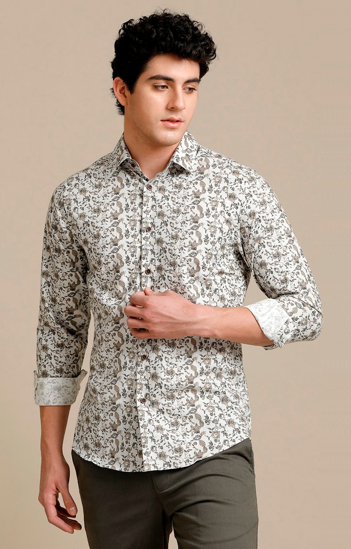 Men's White Cotton Floral Casual Shirt