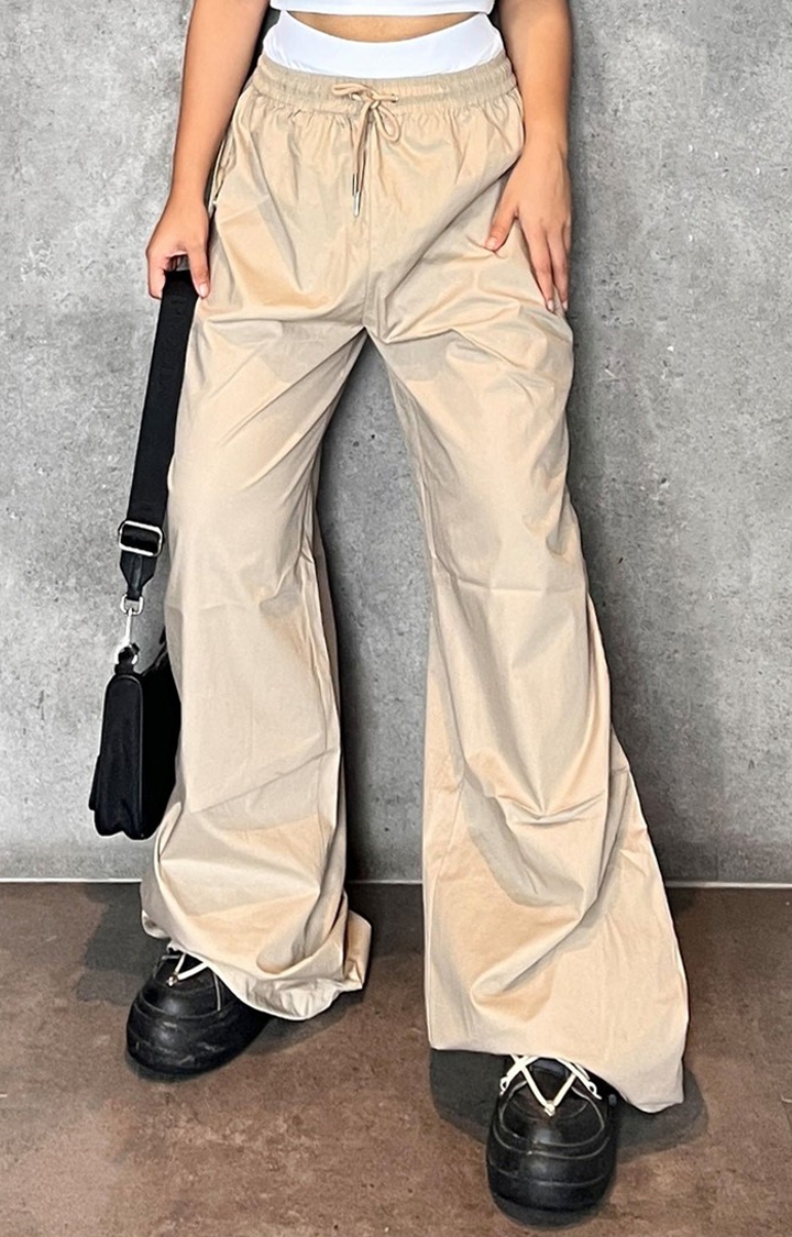 Beeglee | Women's Beige Solid Parachute Pants